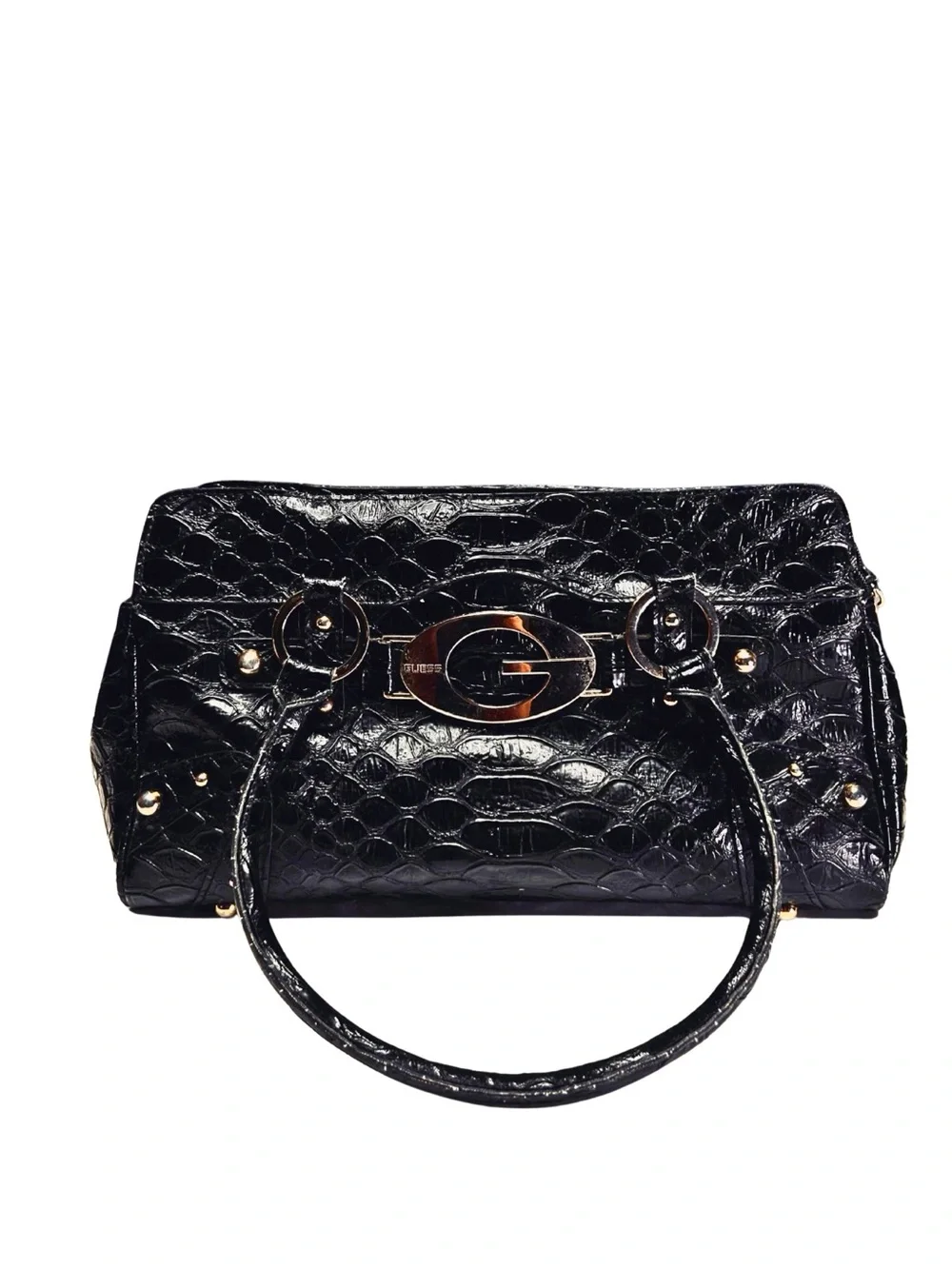 Guess Black Croc-Embossed Satchel with Gold Accents